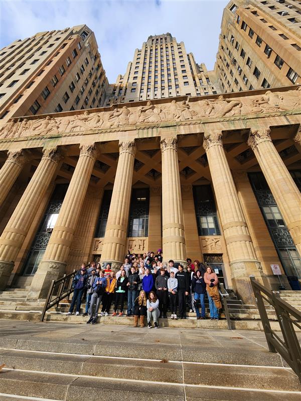 Our students on the steps of City Hall - full view to sky