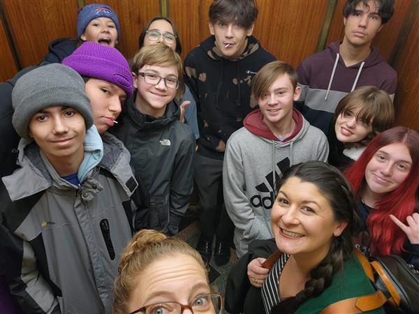 Students in elevator with Mrs. O'Malley and Mrs. Hooper