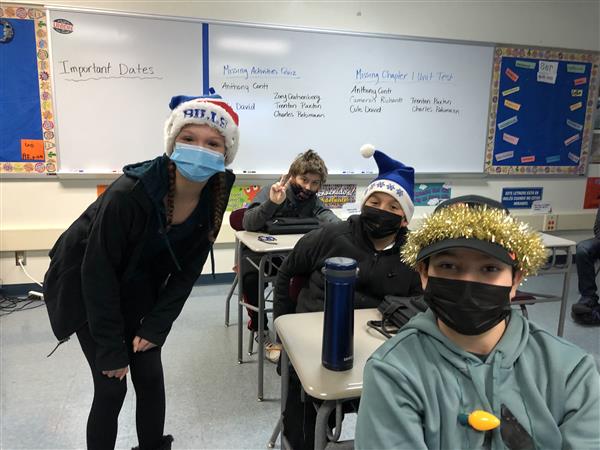 Students wearing holiday headgear